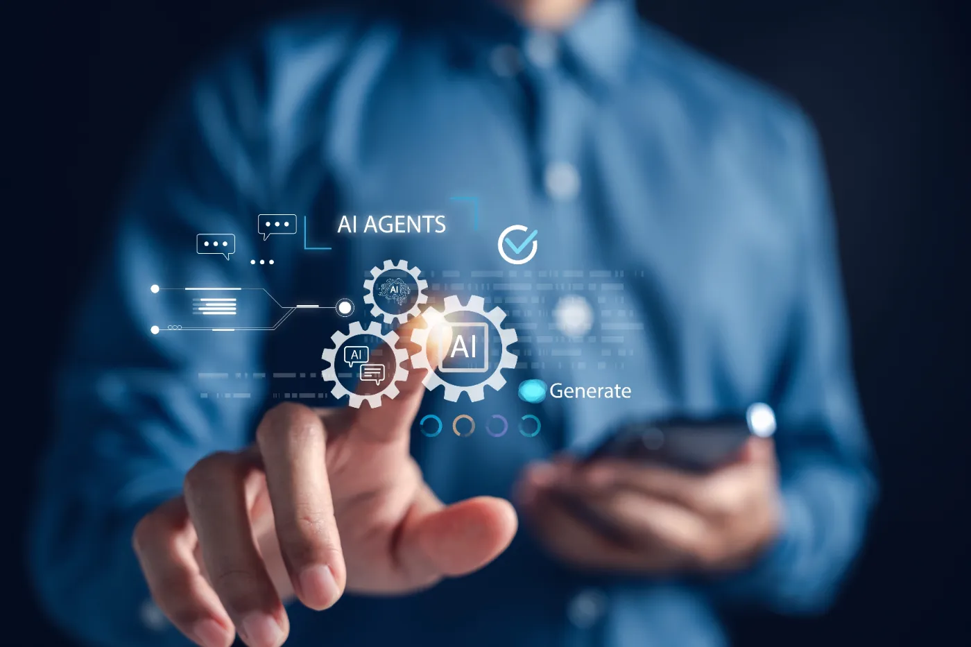 Person interacting with AI agent icons on a virtual interface
